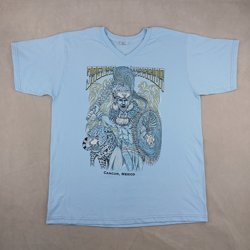 VTG Splash Jaguar Warrior XL Mens T Shirt V Neck Cancun Mexico 23x30 Aztec‎